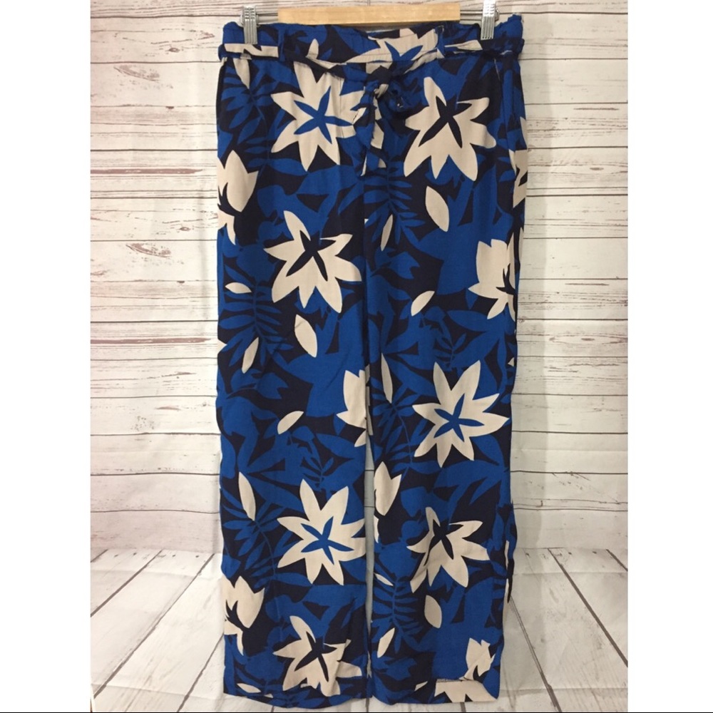 LOFT Blue Cream Floral Casual Vacation Pants M